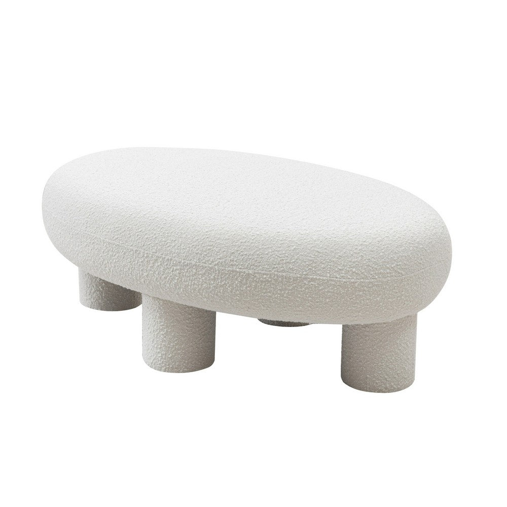 Cid 46 Inch Accent Bench Ottoman, White Polyester Oval Seat, Pine Wood Legs