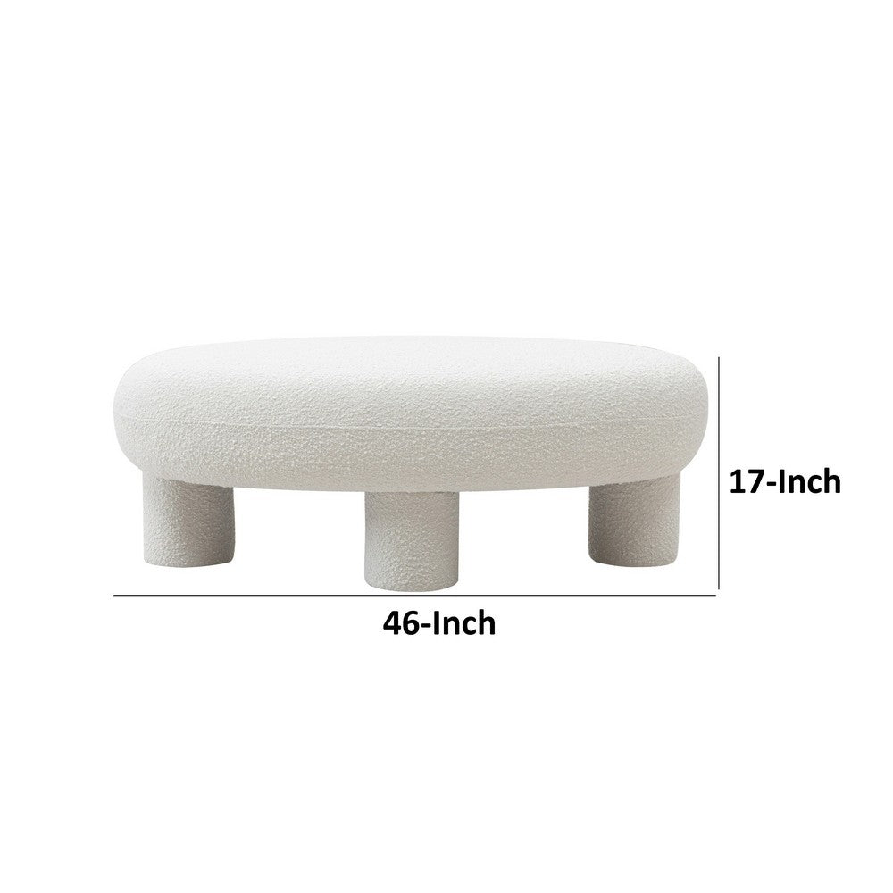 Cid 46 Inch Accent Bench Ottoman, White Polyester Oval Seat, Pine Wood Legs