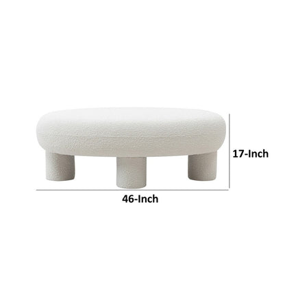 Cid 46 Inch Accent Bench Ottoman, White Polyester Oval Seat, Pine Wood Legs