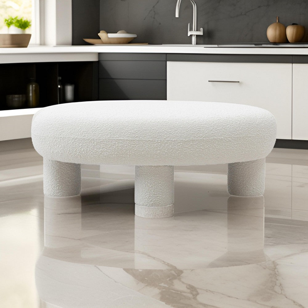 Cid 46 Inch Accent Bench Ottoman, White Polyester Oval Seat, Pine Wood Legs