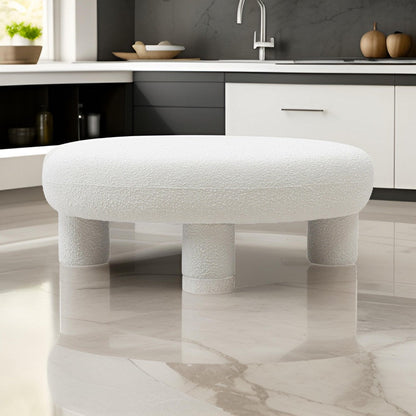 Cid 46 Inch Accent Bench Ottoman, White Polyester Oval Seat, Pine Wood Legs