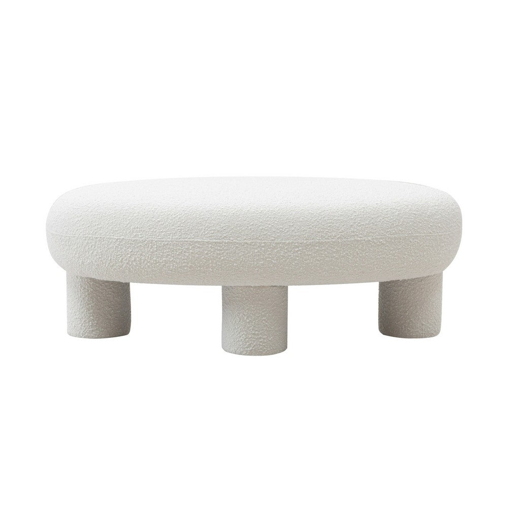 Cid 46 Inch Accent Bench Ottoman, White Polyester Oval Seat, Pine Wood Legs