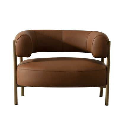 Cid Ziva Curved Accent Chair, Brown Top Grain Genuine Leather, Metal, Wood