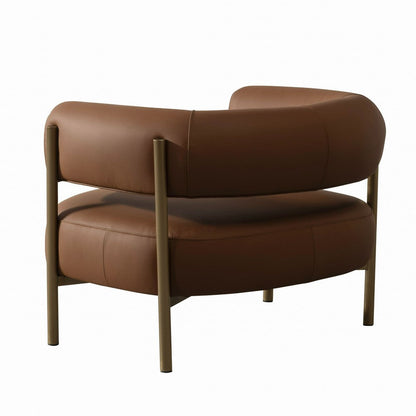 Cid Ziva Curved Accent Chair, Brown Top Grain Genuine Leather, Metal, Wood