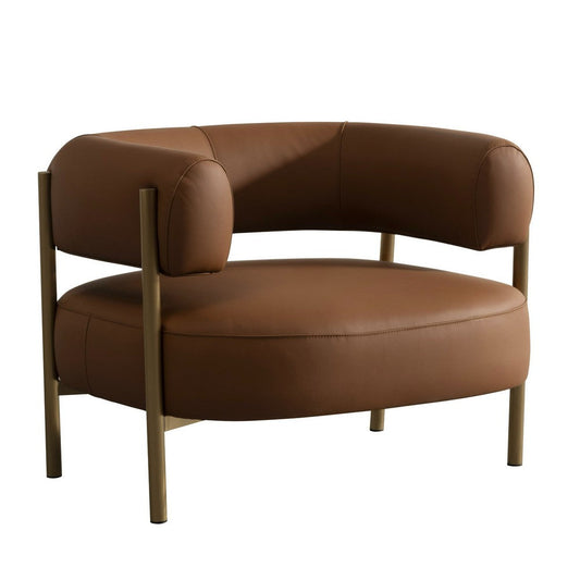 Cid Ziva Curved Accent Chair, Brown Top Grain Genuine Leather, Metal, Wood