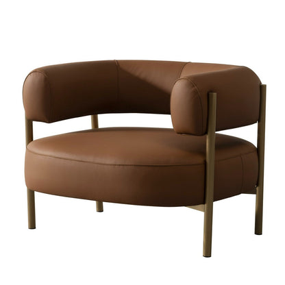 Cid Ziva Curved Accent Chair, Brown Top Grain Genuine Leather, Metal, Wood