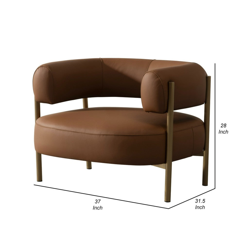 Cid Ziva Curved Accent Chair, Brown Top Grain Genuine Leather, Metal, Wood