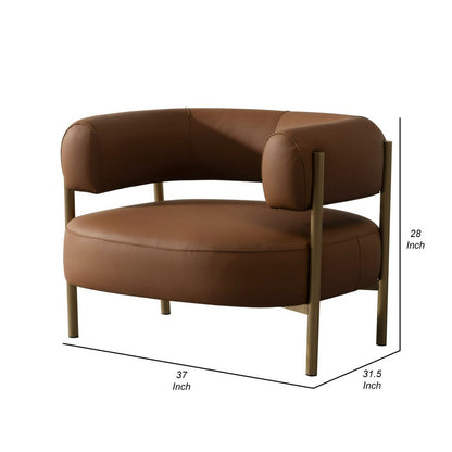 Cid Ziva Curved Accent Chair, Brown Top Grain Genuine Leather, Metal, Wood