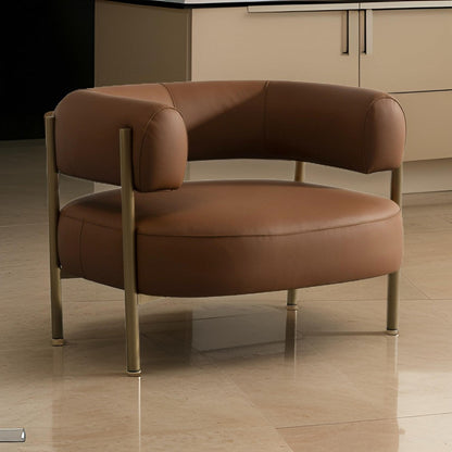 Cid Ziva Curved Accent Chair, Brown Top Grain Genuine Leather, Metal, Wood