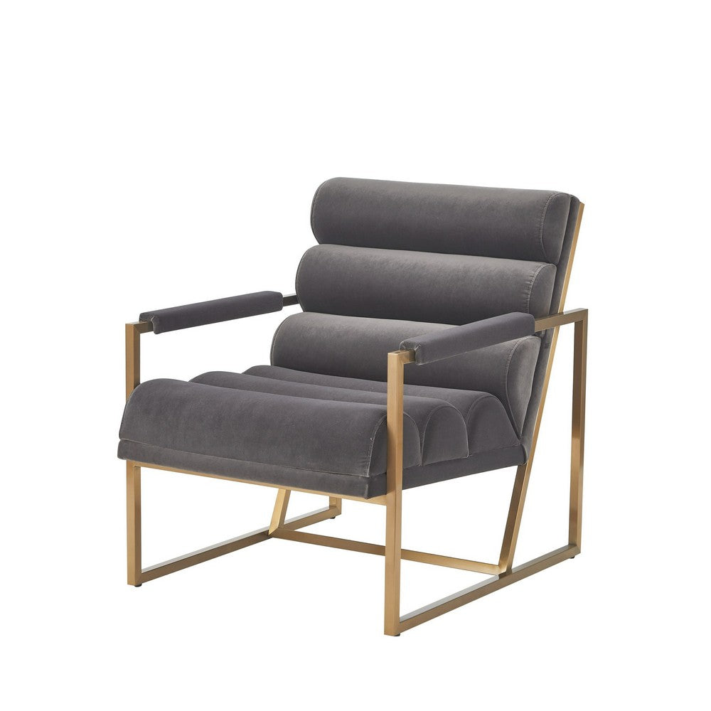 Cid Dave 27 Inch Accent Chair, Tufted Gray Velvet, Square Steel Legs, Brass
