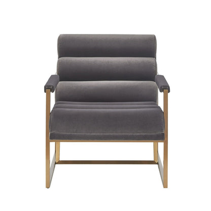 Cid Dave 27 Inch Accent Chair, Tufted Gray Velvet, Square Steel Legs, Brass