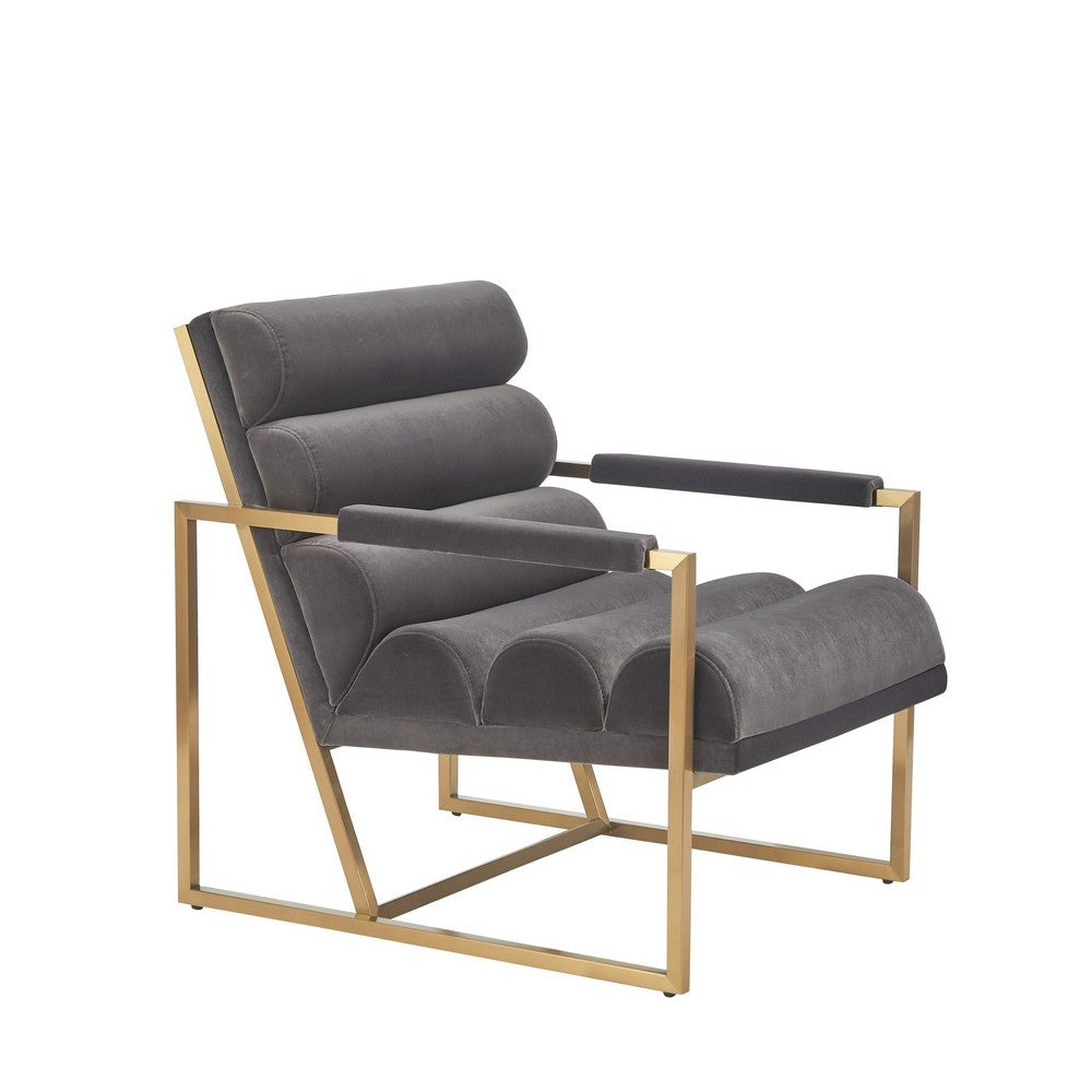 Cid Dave 27 Inch Accent Chair, Tufted Gray Velvet, Square Steel Legs, Brass