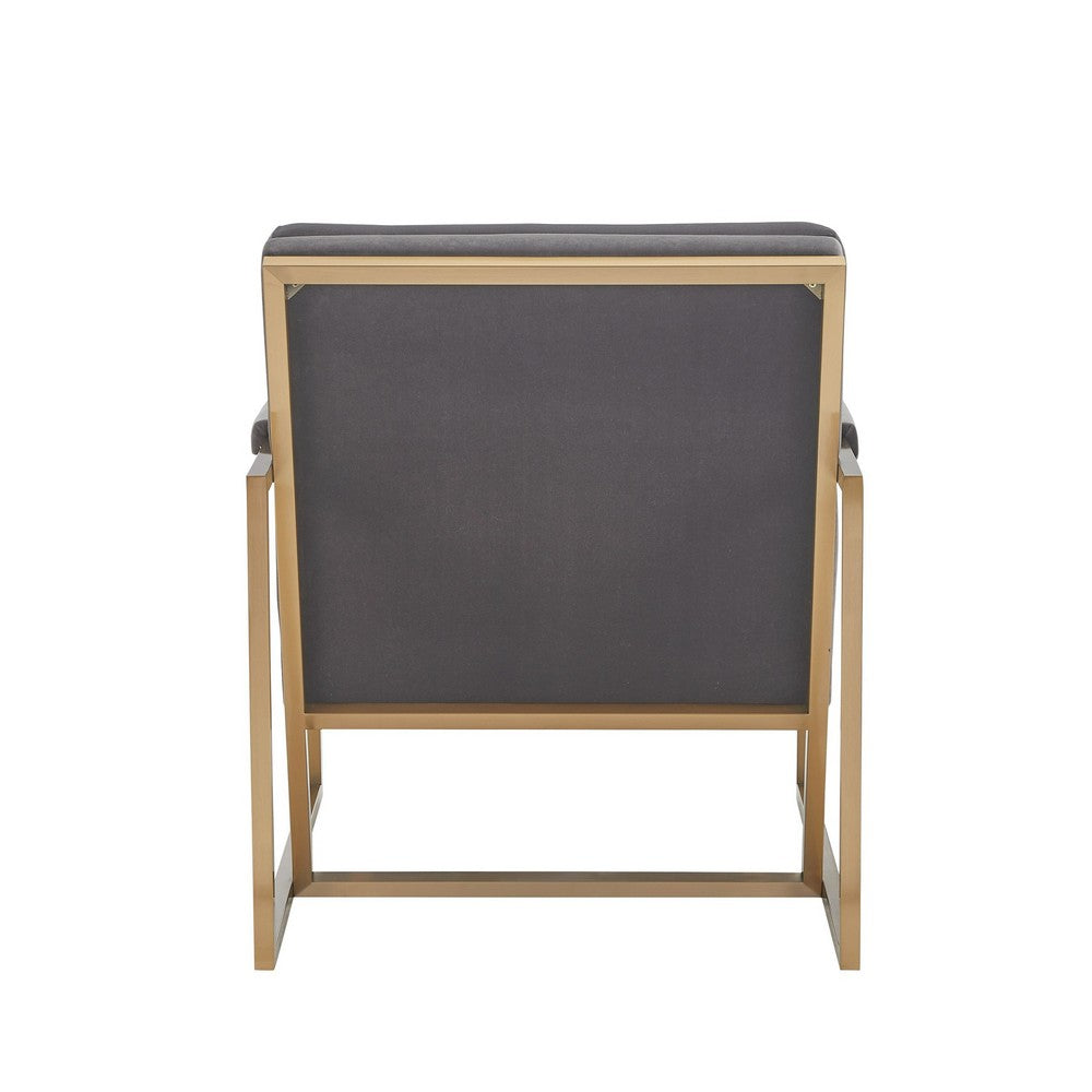 Cid Dave 27 Inch Accent Chair, Tufted Gray Velvet, Square Steel Legs, Brass