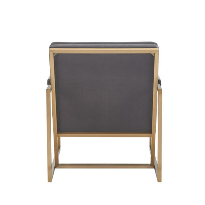Cid Dave 27 Inch Accent Chair, Tufted Gray Velvet, Square Steel Legs, Brass