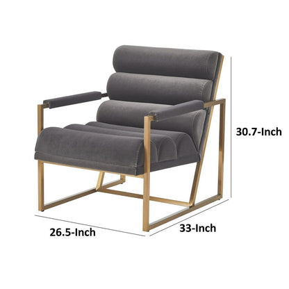 Cid Dave 27 Inch Accent Chair, Tufted Gray Velvet, Square Steel Legs, Brass