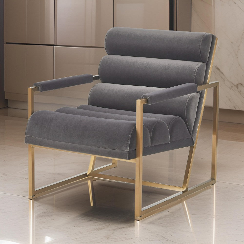 Cid Dave 27 Inch Accent Chair, Tufted Gray Velvet, Square Steel Legs, Brass