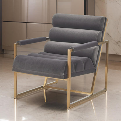 Cid Dave 27 Inch Accent Chair, Tufted Gray Velvet, Square Steel Legs, Brass