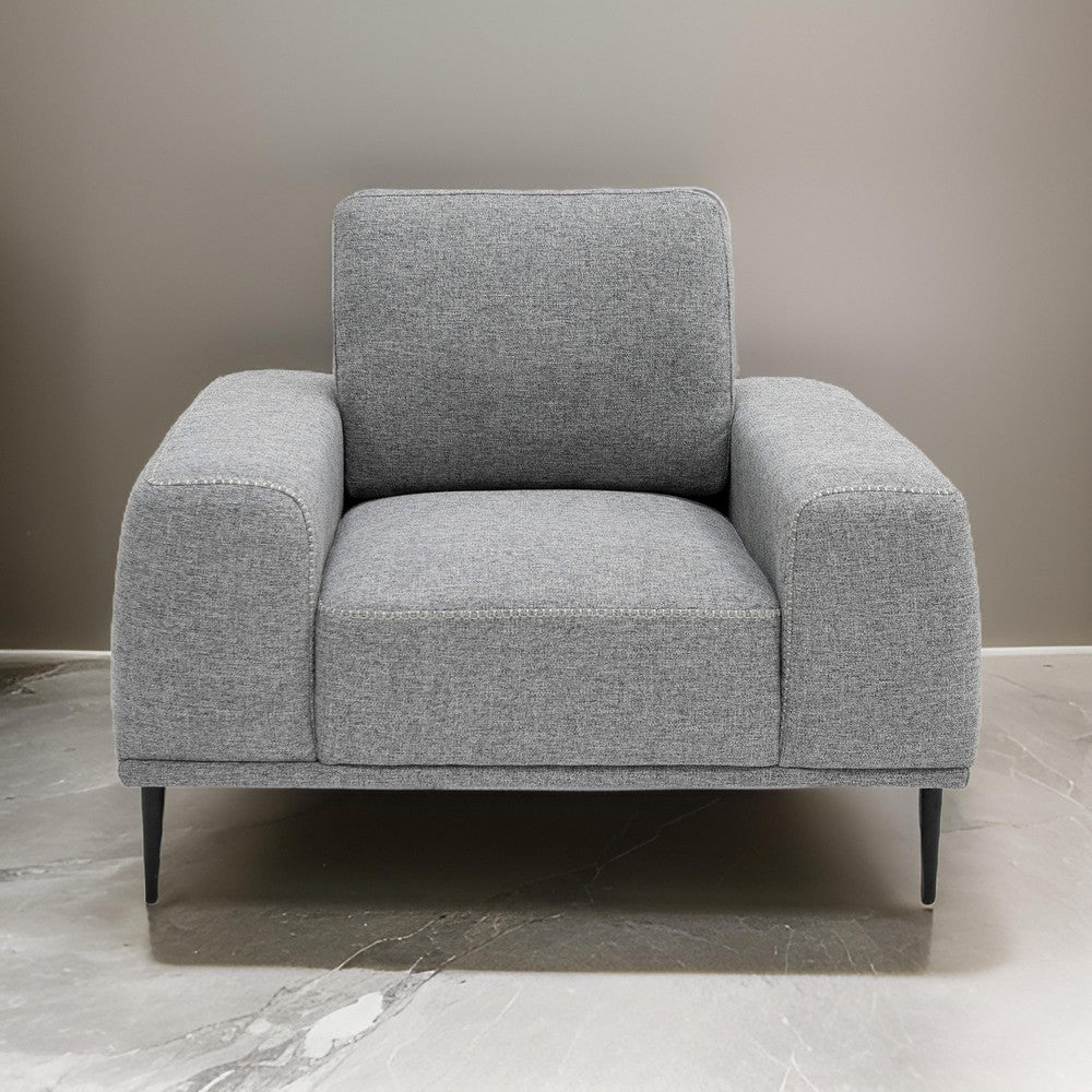 Reno Zica 44 Inch Accent Chair, Gray Polyester, Black Metal Legs, Wood