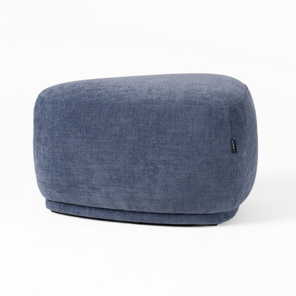 Reno Kini 26 Inch Ottoman, River Rock Shape, Blue Polyester, Wood Frame