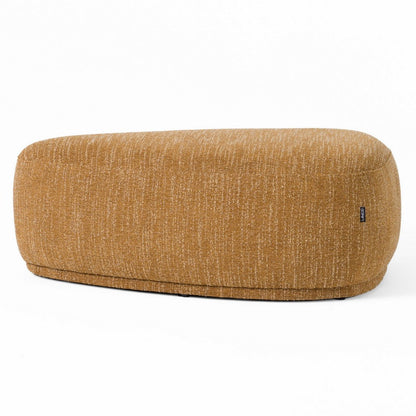 Reno Kini 44 Inch Ottoman, River Rock Shape, Yellow Polyester, Wood Frame