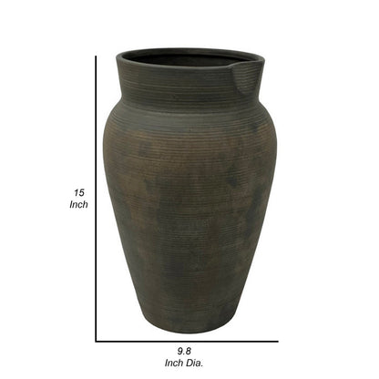 Leyn 15 Inch Antique Flower Vase, Urn Shaped Home Decor Piece, Gray Ceramic