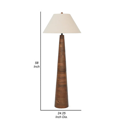 Seya 58 Inch Floor Lamp, Empire Fabric Shade, Tapered Brown Wood Base