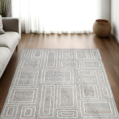 Bora 8 x 10 Area Rug, Geometric Pattern, Polyester Gray White Wool
