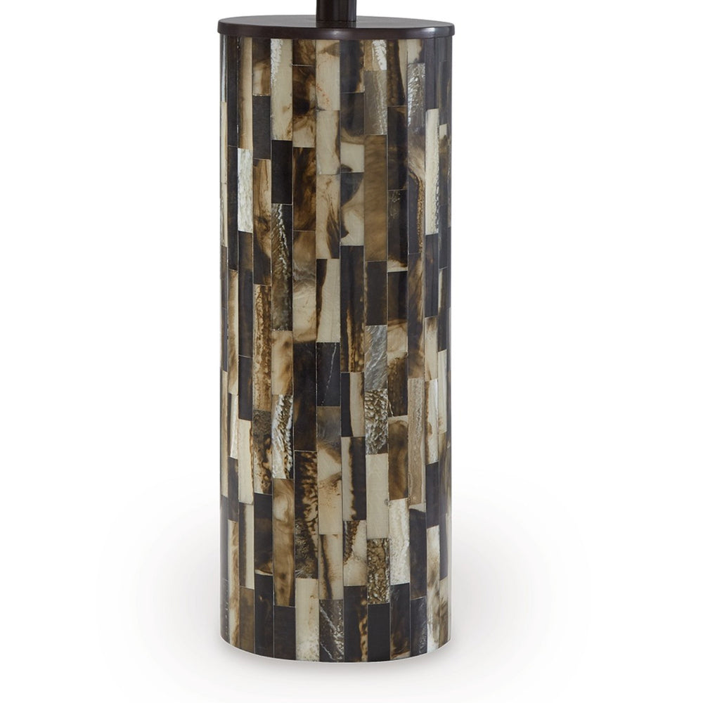 Foer 27 Inch Table Lamp, Cream Drum Fabric Shade, Black Brown Resin Base