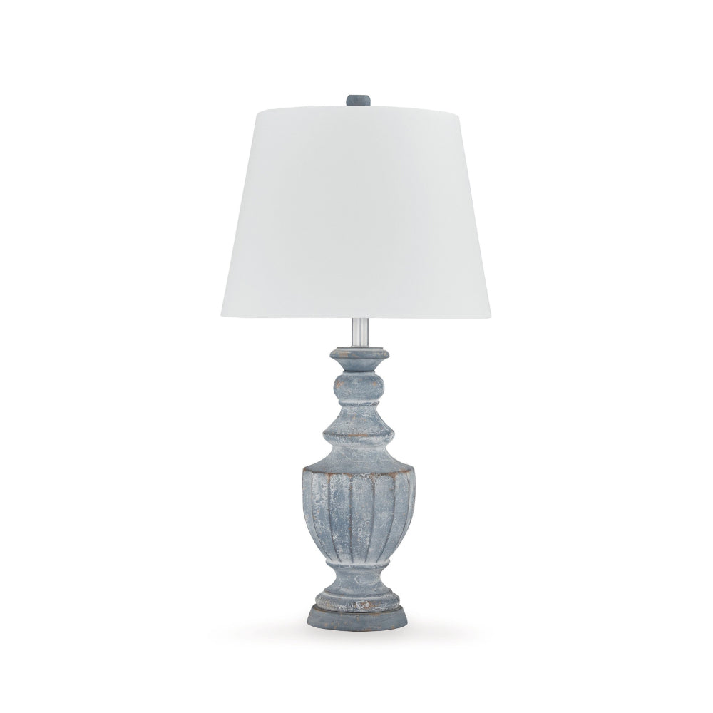 Rick 32 Inch Table Lamp, White Empire Fabric Shade, Turned Blue Terracotta