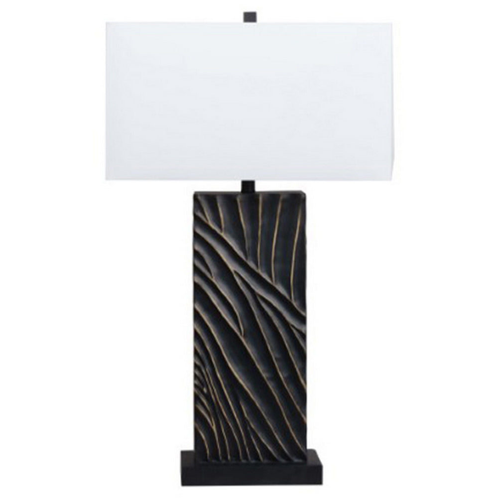 Len Table Lamp, White Rectangular Shade, Unique Lined Design Black Pedestal