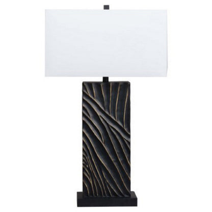 Len Table Lamp, White Rectangular Shade, Unique Lined Design Black Pedestal