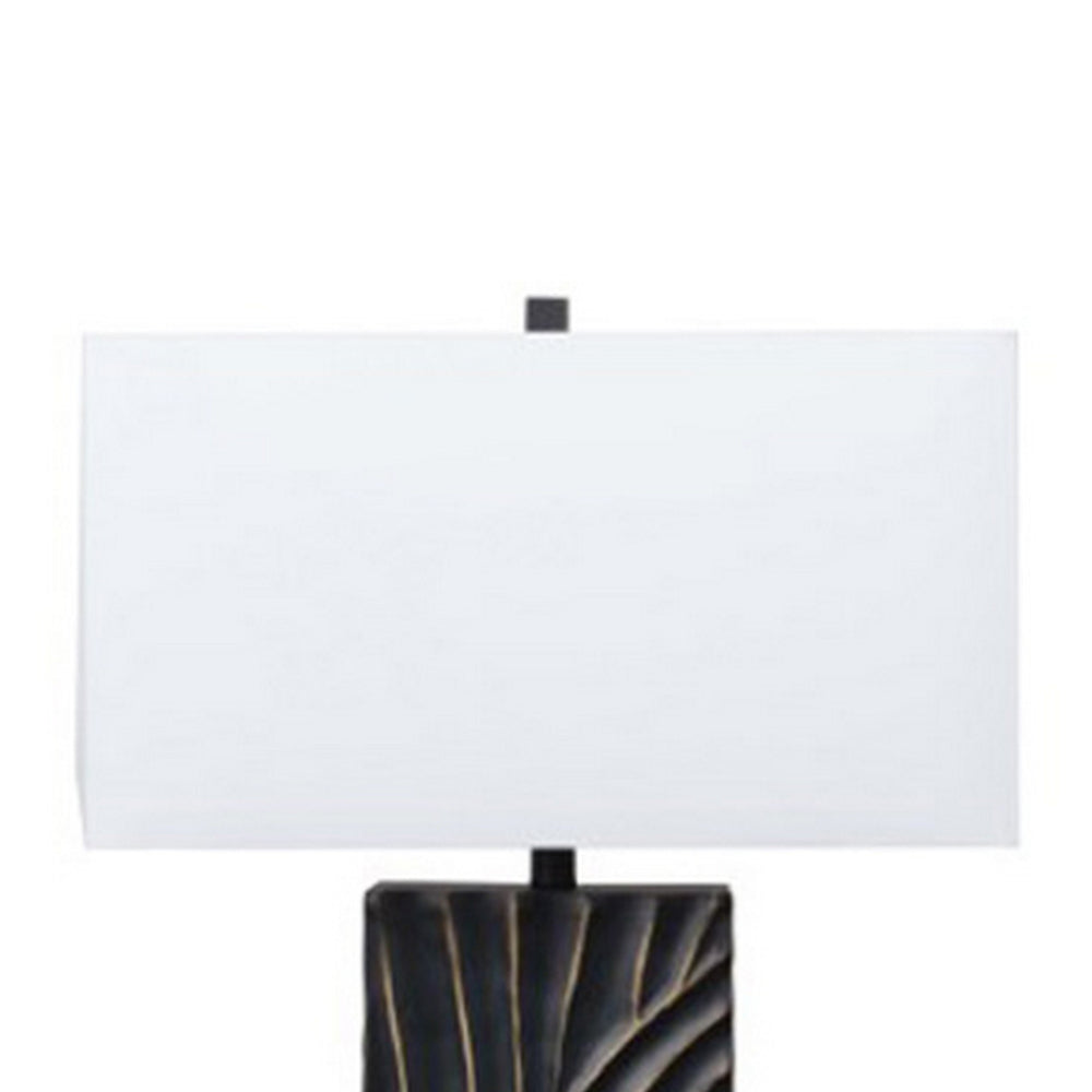 Len Table Lamp, White Rectangular Shade, Unique Lined Design Black Pedestal