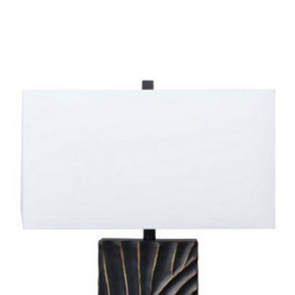 Len Table Lamp, White Rectangular Shade, Unique Lined Design Black Pedestal