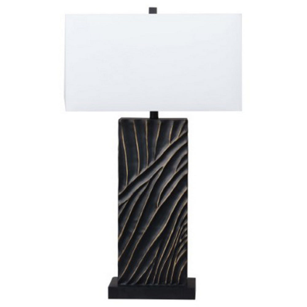 Len Table Lamp, White Rectangular Shade, Unique Lined Design Black Pedestal