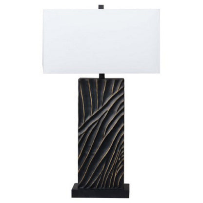 Len Table Lamp, White Rectangular Shade, Unique Lined Design Black Pedestal