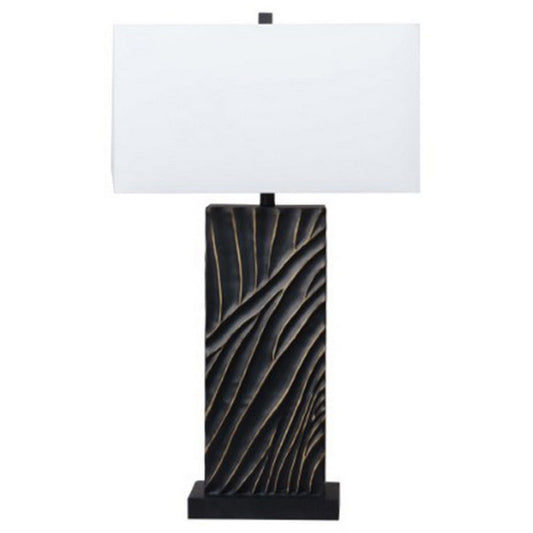 Len Table Lamp, White Rectangular Shade, Unique Lined Design Black Pedestal