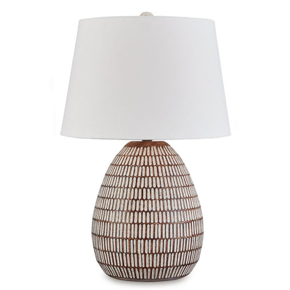 Gyen 29 Inch Table Lamp, Antique White Pattern Pot Base, Beige Empire Shade