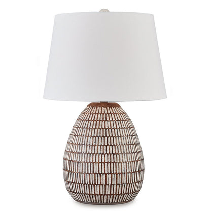 Gyen 29 Inch Table Lamp, Antique White Pattern Pot Base, Beige Empire Shade