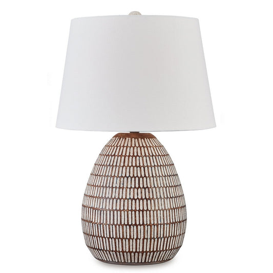 Gyen 29 Inch Table Lamp, Antique White Pattern Pot Base, Beige Empire Shade