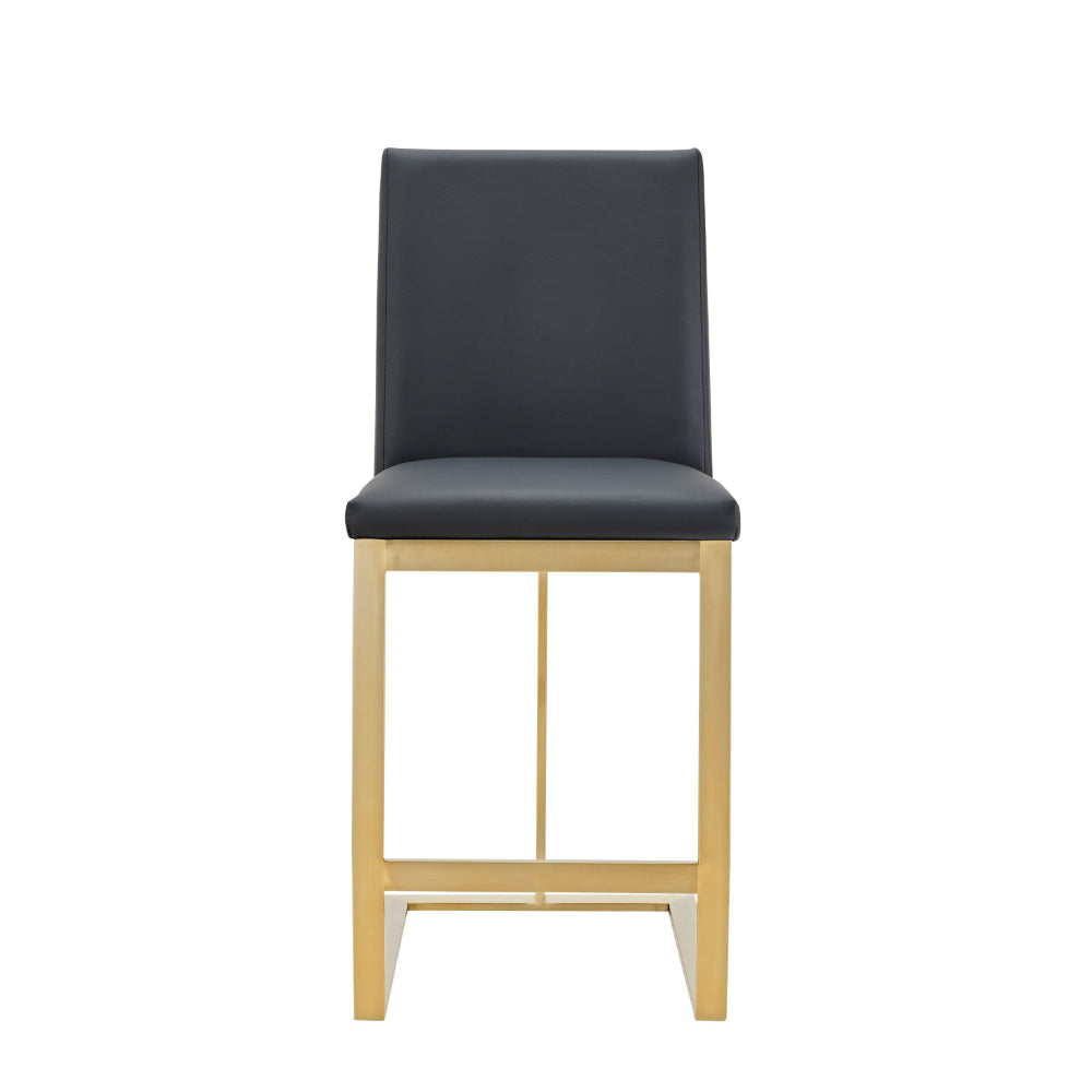 Cid Anki Counter Stool Chair, Dark Gray Faux Leather, Brass Stainless Steel