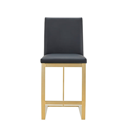 Cid Anki Counter Stool Chair, Dark Gray Faux Leather, Brass Stainless Steel