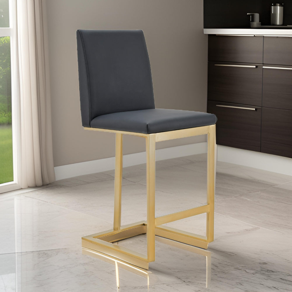 Cid Anki Counter Stool Chair, Dark Gray Faux Leather, Brass Stainless Steel