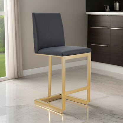 Cid Anki Counter Stool Chair, Dark Gray Faux Leather, Brass Stainless Steel
