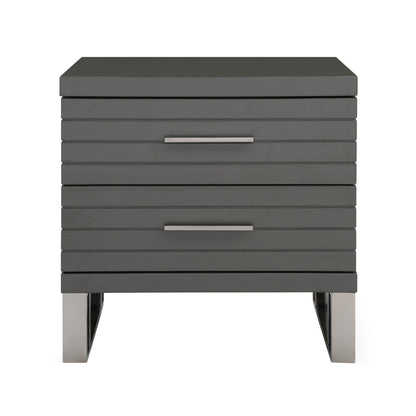 28 Inch Nightstand, 2 Drawers with Metal Handles, Slatted Design, Gray