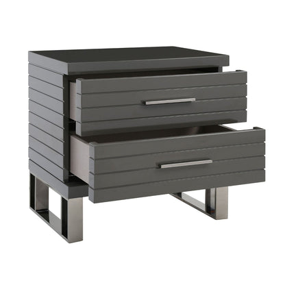 28 Inch Nightstand, 2 Drawers with Metal Handles, Slatted Design, Gray