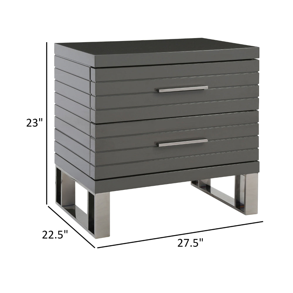 28 Inch Nightstand, 2 Drawers with Metal Handles, Slatted Design, Gray