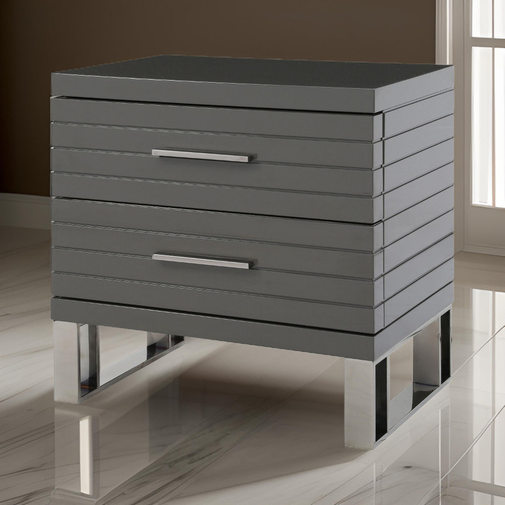 28 Inch Nightstand, 2 Drawers with Metal Handles, Slatted Design, Gray