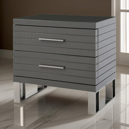 28 Inch Nightstand, 2 Drawers with Metal Handles, Slatted Design, Gray
