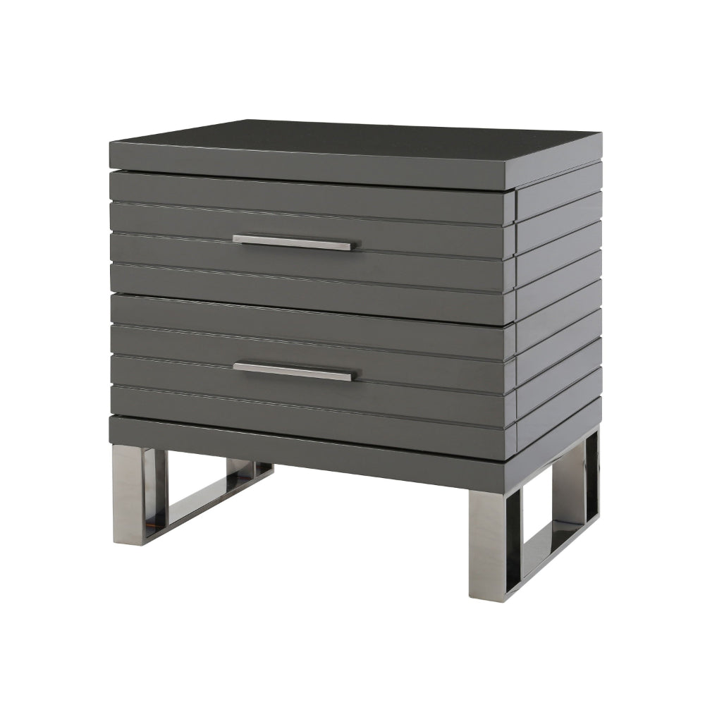 28 Inch Nightstand, 2 Drawers with Metal Handles, Slatted Design, Gray