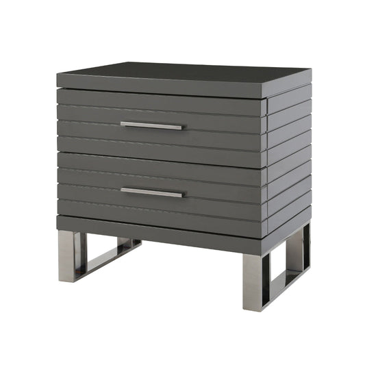28 Inch Nightstand, 2 Drawers with Metal Handles, Slatted Design, Gray
